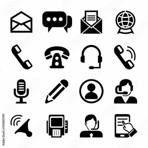 Black and White Communication and Office Icons – 4x4 Grid of Email, Phone, Chat, and Tech Symbols SVG