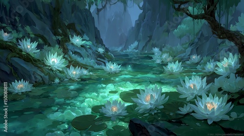 Enchanted Water Lily Grotto: A Serene Night in a Mystical Forest