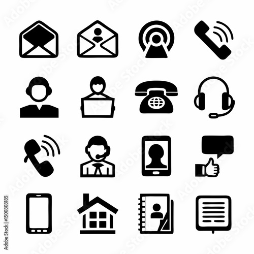 Black and White Communication and Office Icons – 4x4 Grid of Email, Phone, Chat, and Tech Symbols SVG