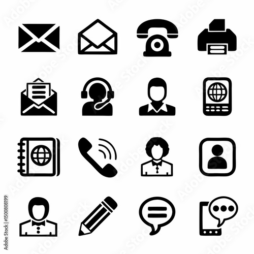 Black and White Communication and Office Icons – 4x4 Grid of Email, Phone, Chat, and Tech Symbols SVG