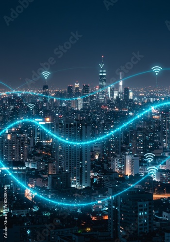 Wallpaper Mural Photo of Illuminated City at Night with Glowing Blue Wireless Signal Lines Torontodigital.ca