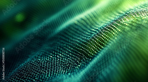 Abstract futuristic technology background with a flowing digital wave of green and blue particles forming a complex grid structure