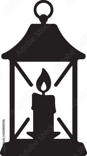 Silhouette of a candle burning inside a lantern, perfect for cozy, vintage, rustic, and holiday-themed vector illustrations..