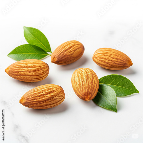 Almonds with fresh green leaves scattered on a marble-textured surface, isolated against a white background