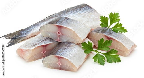 Photo Of Freshly Cut Fish Fillets and Parsley Sprigs on White Background
