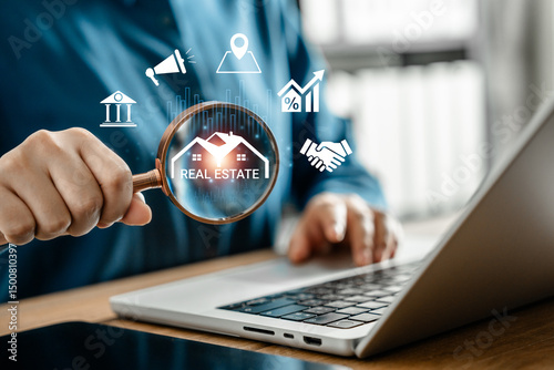 Businesswoman using magnifying glass to search and analyze virtual real estate information on laptop, property investment, digital housing market trends, financial planning, and smart business tools.