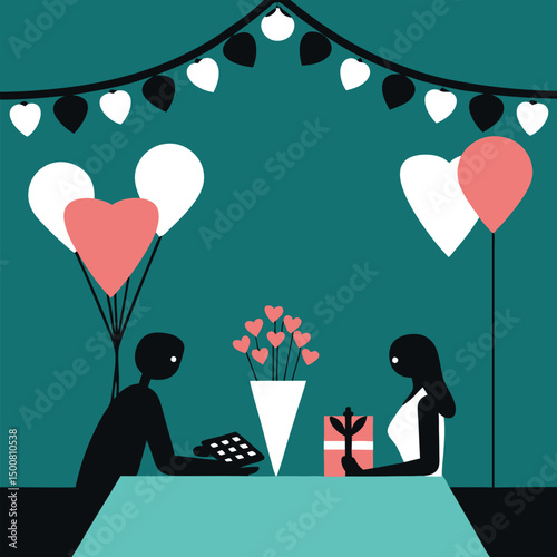 Lovers at the table Vector, children's drawing, design, style, doodle