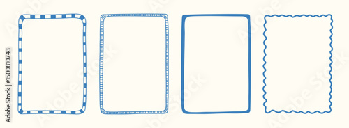 Hand drawn Italian postcard stamp set. Vintage Italy summer doodle border set. Whimsical minimal blue frames, mediterranean elements for menu, wedding, prints, invitation. Coastal Isolated Vector illu