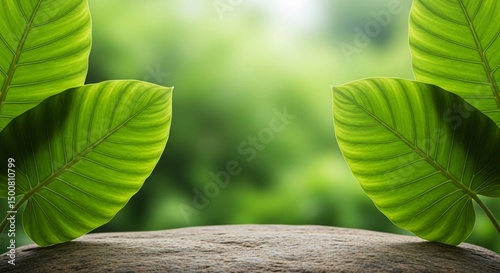 Earthy presentation platform using natural stone and bright green leaves against a soft, blurred background.
