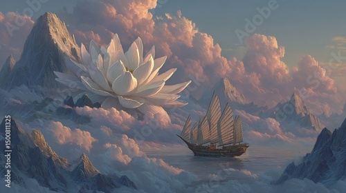 Serene Lotus Bloom Above Misty Mountains and a Sailing Junk
