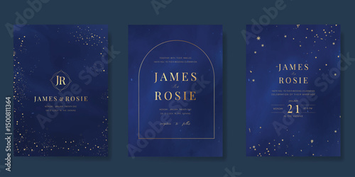 Luxury wedding card design vector set. Elegant invitation card with little star moon sun meteor and space decoration on navy blue background. Design illustration for cover, poster, gala.