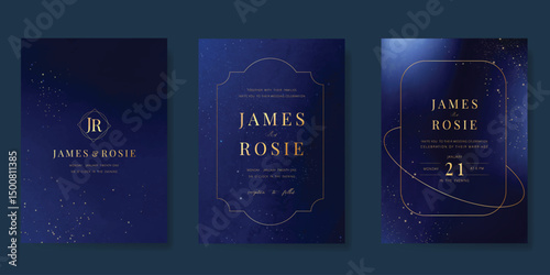 Luxury wedding card design vector set. Elegant invitation card with little star moon sun meteor and space decoration on navy blue background. Design illustration for cover, poster, gala.