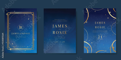 Luxury wedding card design vector set. Elegant invitation card with little star moon sun meteor and space decoration on navy blue background. Design illustration for cover, poster, gala.