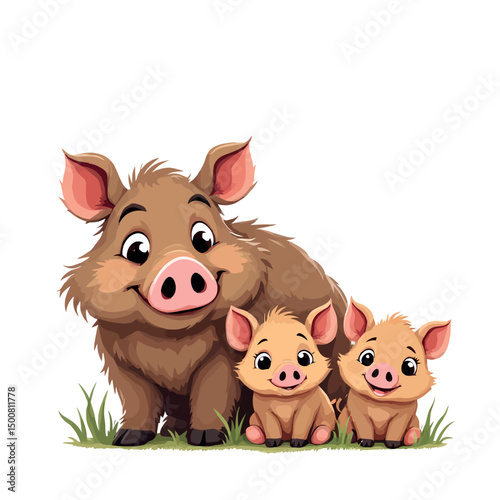 Vsai happy wild boar family posing in grass field