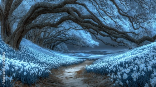 Enchanted Blue Flower Path: A Dreamlike Infrared Landscape