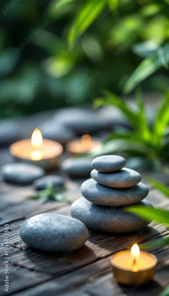 Obraz premium Stone Stack and Burning Candle on Wood with Green Leaf