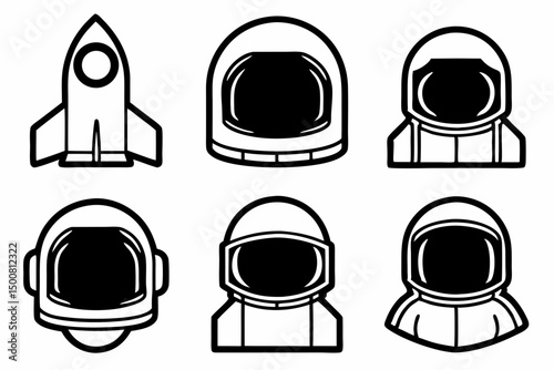 Space Rocket and Astronaut Helmet Icons Set