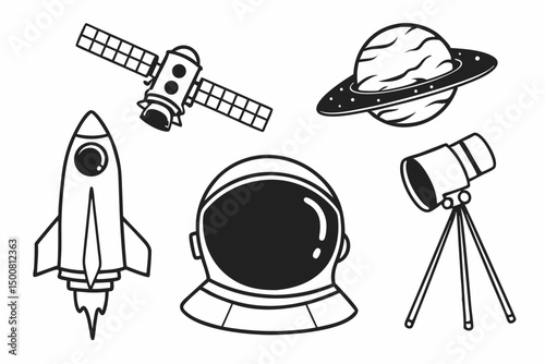 Space Exploration Icons Rocket Satellite Planet Astronaut Helmet Telescope