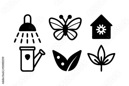 Simple Black and White Gardening and Nature Icons Set