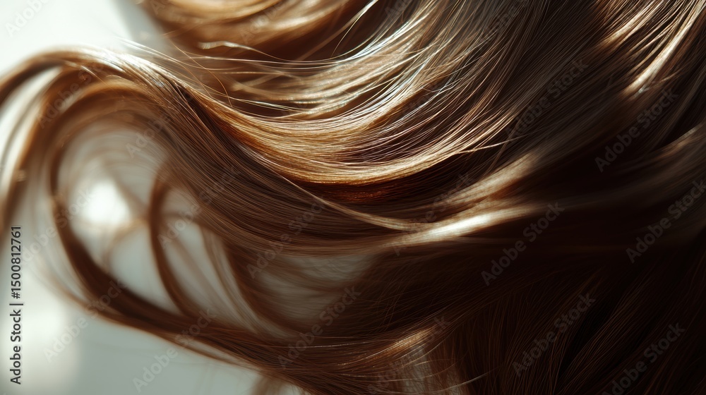 Naklejka premium Beautiful model girl with Brown hair strand,silky healthy chestnut wavy hair strand,hair wavy ribbon, with smooth,Keratin straightening,Treatment,straight long hair,procedures,Smooth hairstyle.