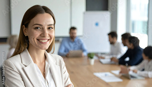 会議室で笑顔の女性マネージャー。ビジネスパーソン女性。Smiling female manager in a conference room. Female business person.