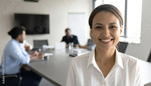 会議室で笑顔の女性マネージャー。ビジネスパーソン女性。Smiling female manager in a conference room. Female business person.