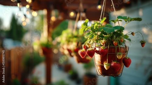 Hanging Strawberry Plants in a Backyard Patio
