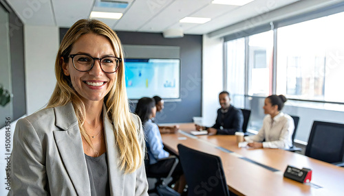 会議室で笑顔の女性マネージャー。ビジネスパーソン女性。Smiling female manager in a conference room. Female business person.