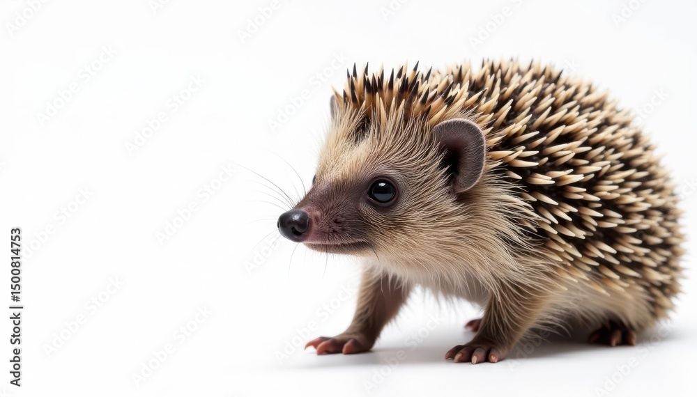 Fototapeta premium Close-up of a hedgehog's face and spines against a stark white backdrop, eyes, wildlife photography