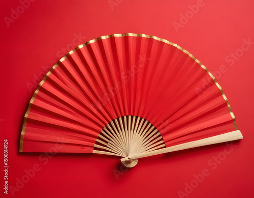 Chinese New Year celebration. Banner design with red paper fan decorations on a red background. A new year celebration. 