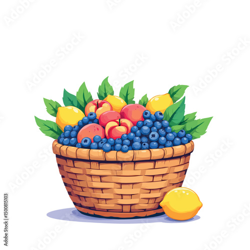 Vsai wicker basket overflowing with fresh fruits, peaches, blueberries, and lemons