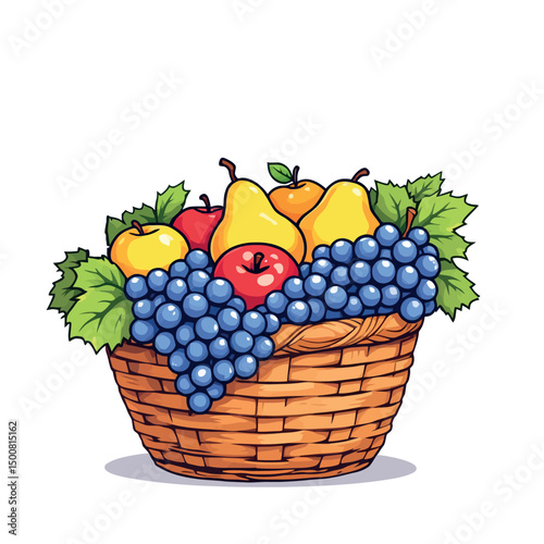 Vsai wicker basket overflowing with fresh fruit, grapes, apples, and pears