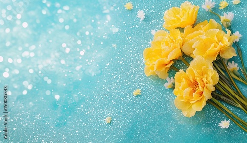 A bouquet of yellow flowers on a teal background with sparkles. Delicate yellow blossoms and small white flowers arranged artfully, with a soft bokeh effect