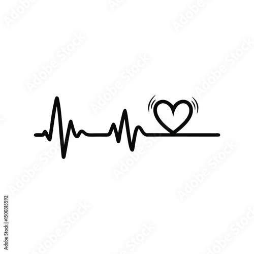 Heartbeat line with heart silhouette vector illustration. Black cardiogram wave love shape symbol for medical health graphic