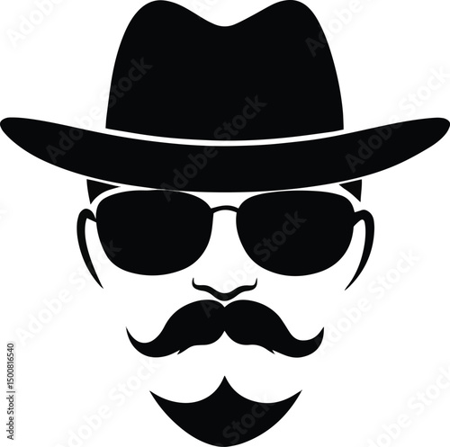 Mystery Man Silhouette: A sleek and stylish monochrome silhouette of a man, complete with a fedora hat, sunglasses, and a distinguished mustache, embodying intrigue and enigma.