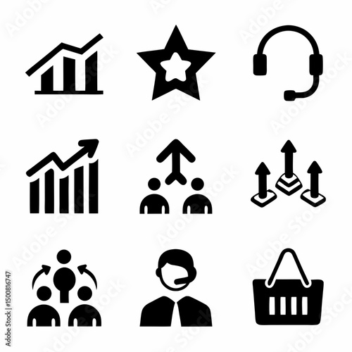 Business and Communication Icon Set – 9 Black Icons in 3x3 Grid Representing Growth, Support, Shopping, Marketing & More svg