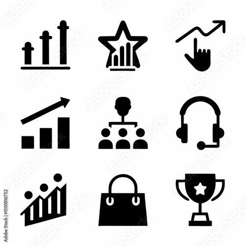 Business and Communication Icon Set – 9 Black Icons in 3x3 Grid Representing Growth, Support, Shopping, Marketing & More svg