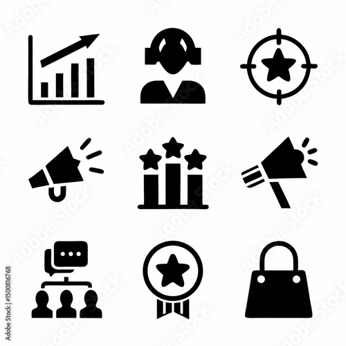Business and Communication Icon Set – 9 Black Icons in 3x3 Grid Representing Growth, Support, Shopping, Marketing & More svg