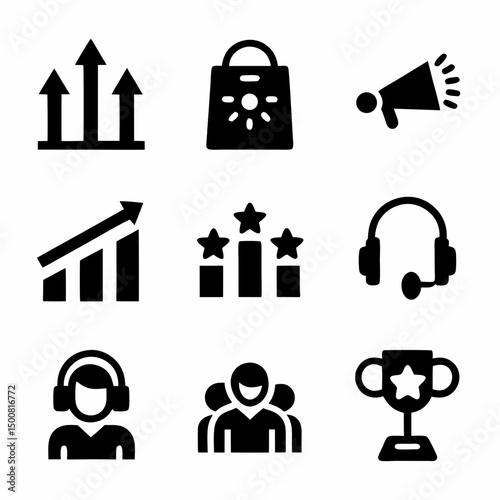 Business and Communication Icon Set – 9 Black Icons in 3x3 Grid Representing Growth, Support, Shopping, Marketing & More svg