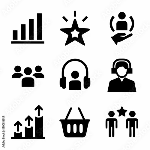 Business and Communication Icon Set – 9 Black Icons in 3x3 Grid Representing Growth, Support, Shopping, Marketing & More svg