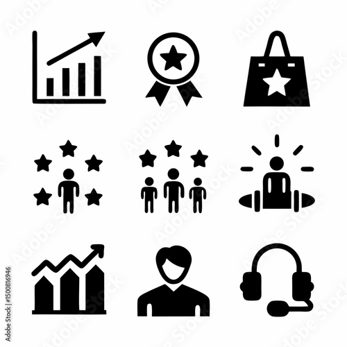 Business and Communication Icon Set – 9 Black Icons in 3x3 Grid Representing Growth, Support, Shopping, Marketing & More svg