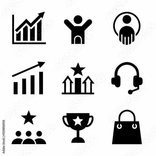 Business and Communication Icon Set – 9 Black Icons in 3x3 Grid Representing Growth, Support, Shopping, Marketing & More svg