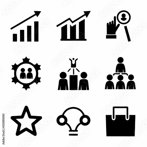 Business and Communication Icon Set – 9 Black Icons in 3x3 Grid Representing Growth, Support, Shopping, Marketing & More svg