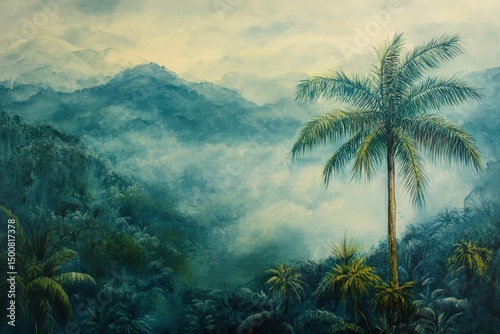 Palm tree in a misty tropical landscape