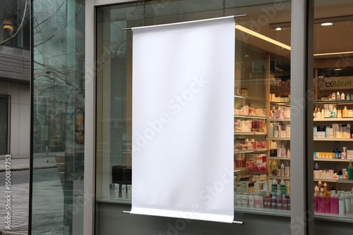 Blank white banner hangs on pharmacy store window. Store interior is visible through the glass. Possible advertisement or promotion. Location is likely a local pharmacy or cosmetics store