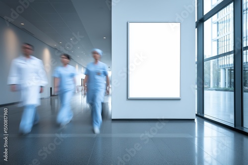 Blank white poster frame on the wall of an hospital interior, doctors and nurses in motion blur walk, window light from outside 