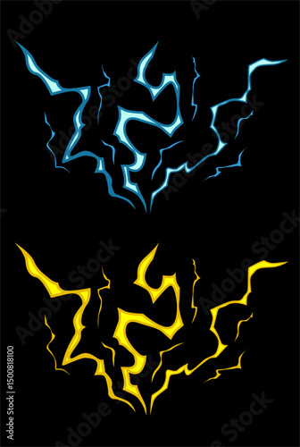 Cartoon lightning effect Electricity discharge bright thunderbolt hit and magic
