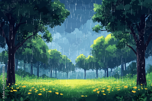 Vector Illustration of Rain with Storm Clouds and Raindrops