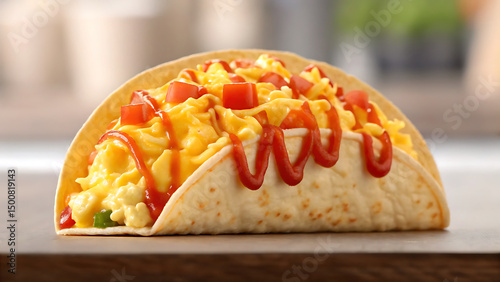Breakfast Burrito Tacos Scrambled egg breakfast burrito with diced tomato and sauce on soft tortilla tacos served fresh