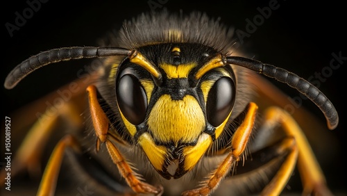Extreme close up of a yellow jacket wasp face with black background